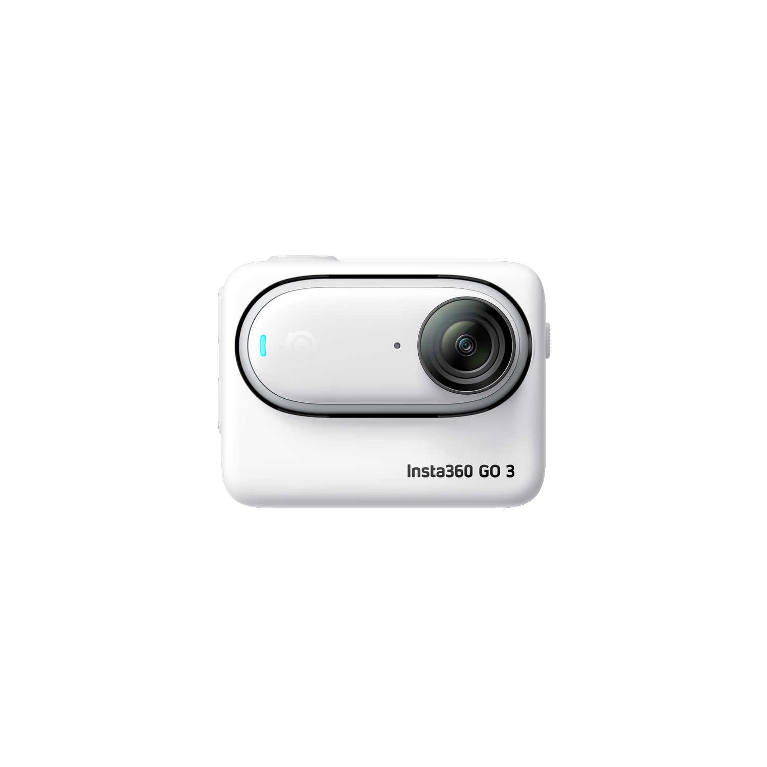 A white Insta360 GO 3 camera with a lens and a blue indicator light.