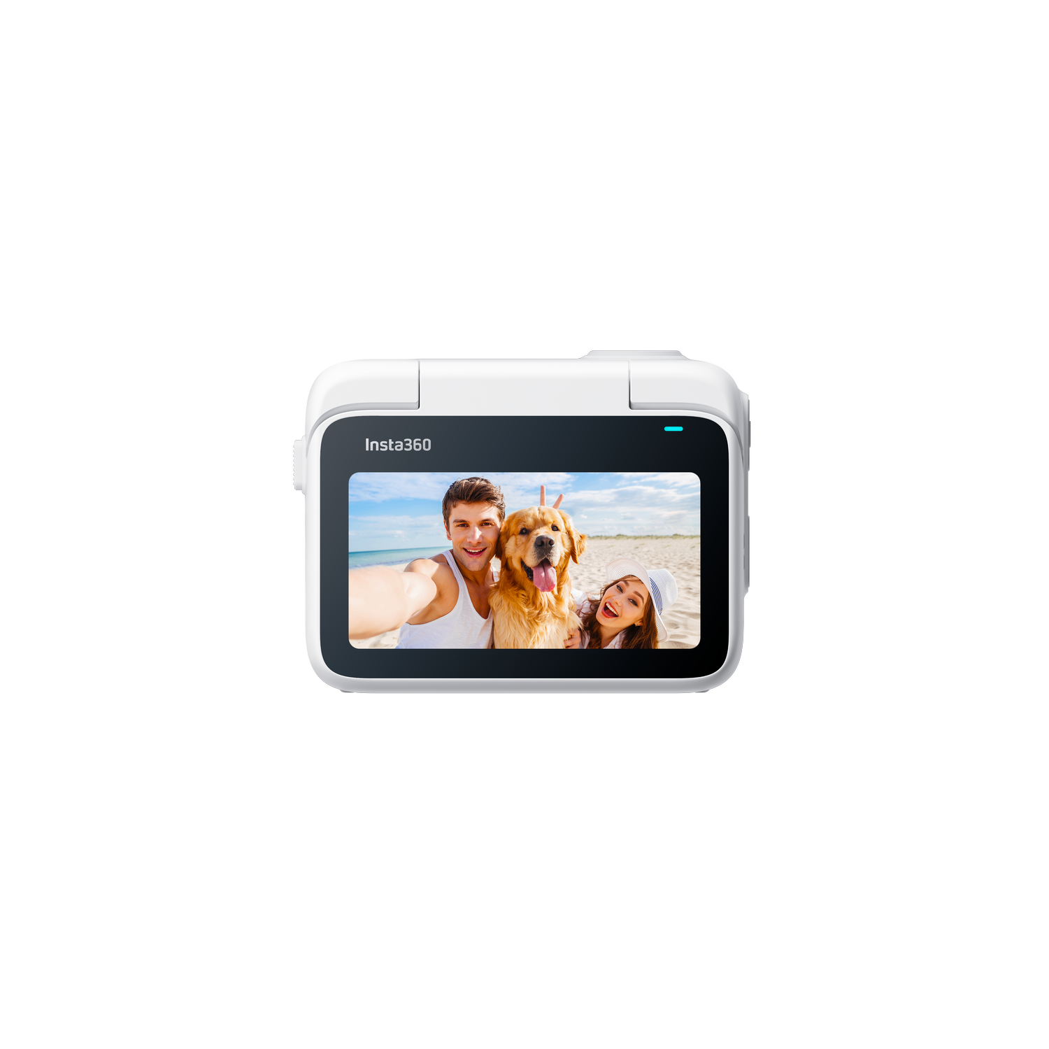 A smartphone screen displaying a selfie of a couple and a dog, against black.