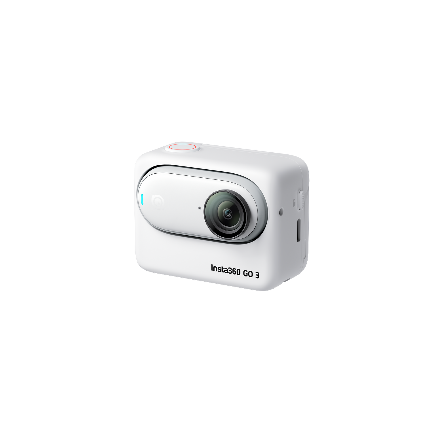 A white Insta360 GO 3 camera with a lens and a red button on a black background.