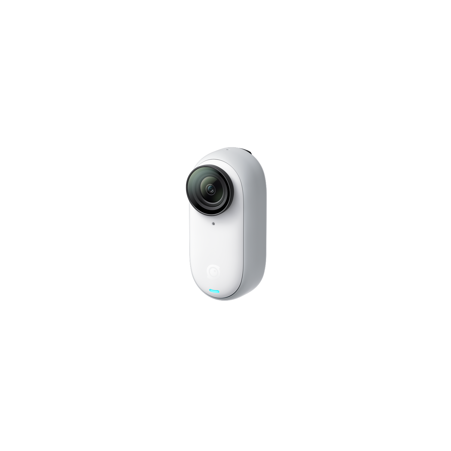 A white, oval-shaped camera with a lens on a black background.