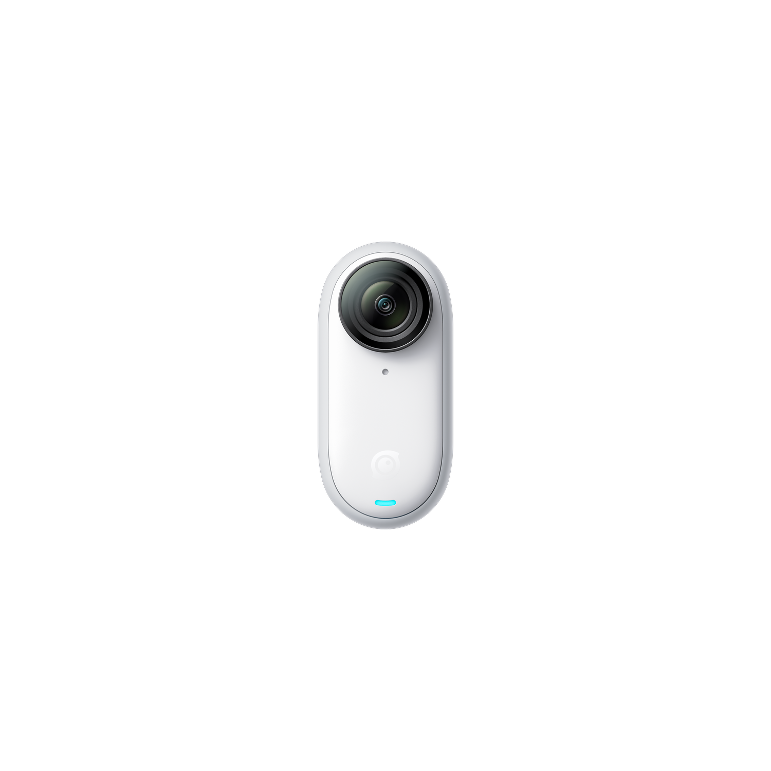 White camera with black lens and a blue light. Camera is on a black background. Oval shape.