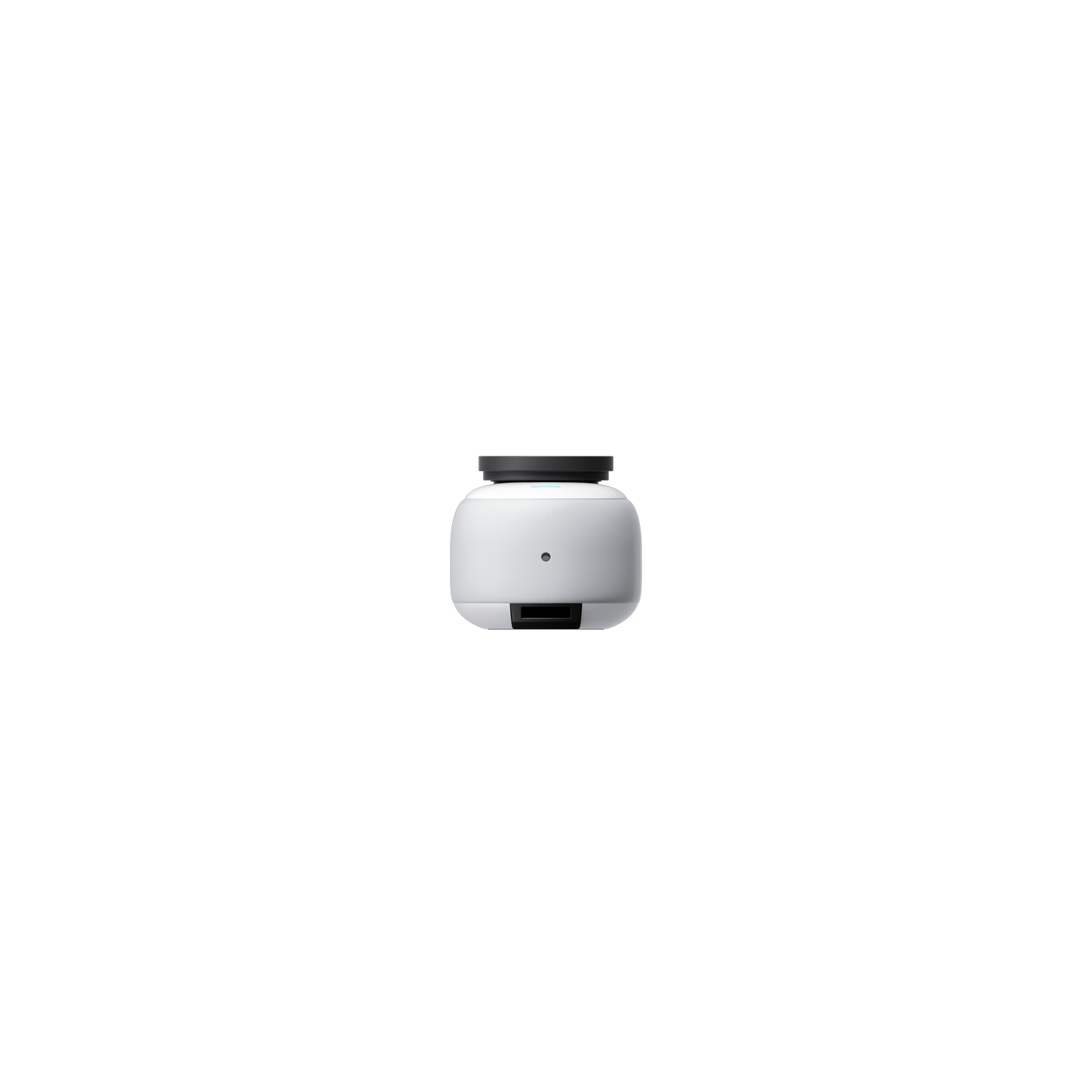 A white, cylindrical smart device with a black top and a small button on the front.