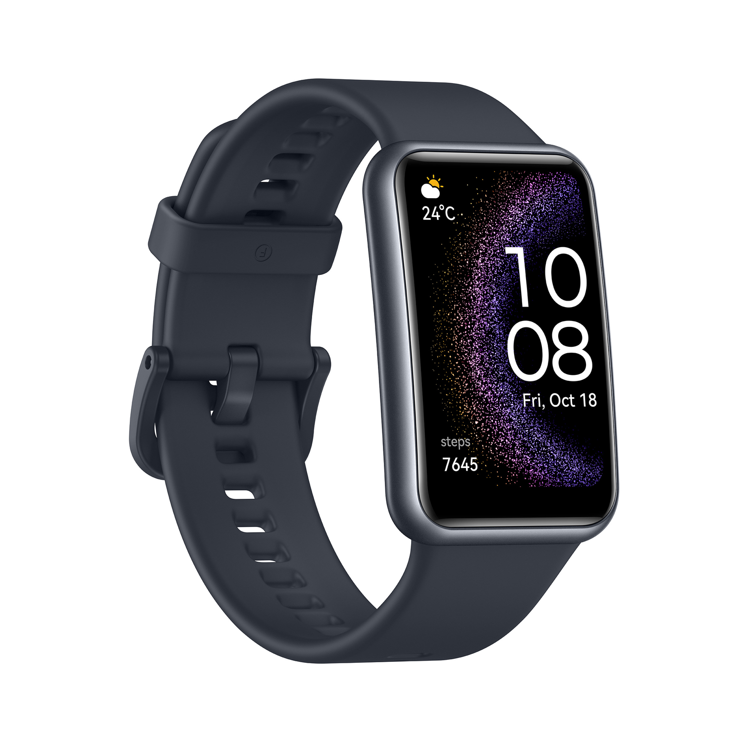 Een donkerblauwe smartwatch die tijd, datum, temperatuur en stappen weergeeft.