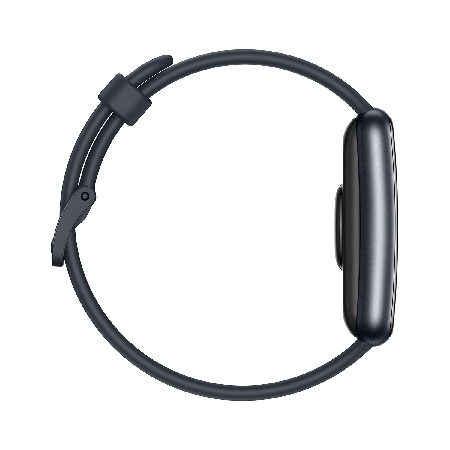 Zwarte smartwatch met zwarte band van de zijkant bekeken.