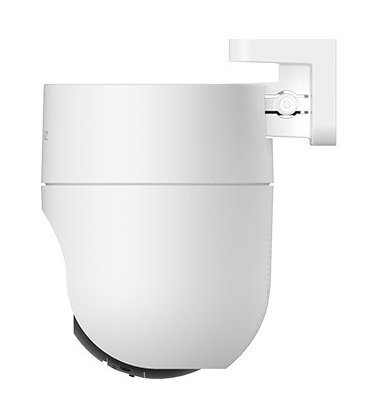 Biała kamera bezpieczeństwa. Jest zamontowana na białej ścianie. Kamera skierowana w lewo.