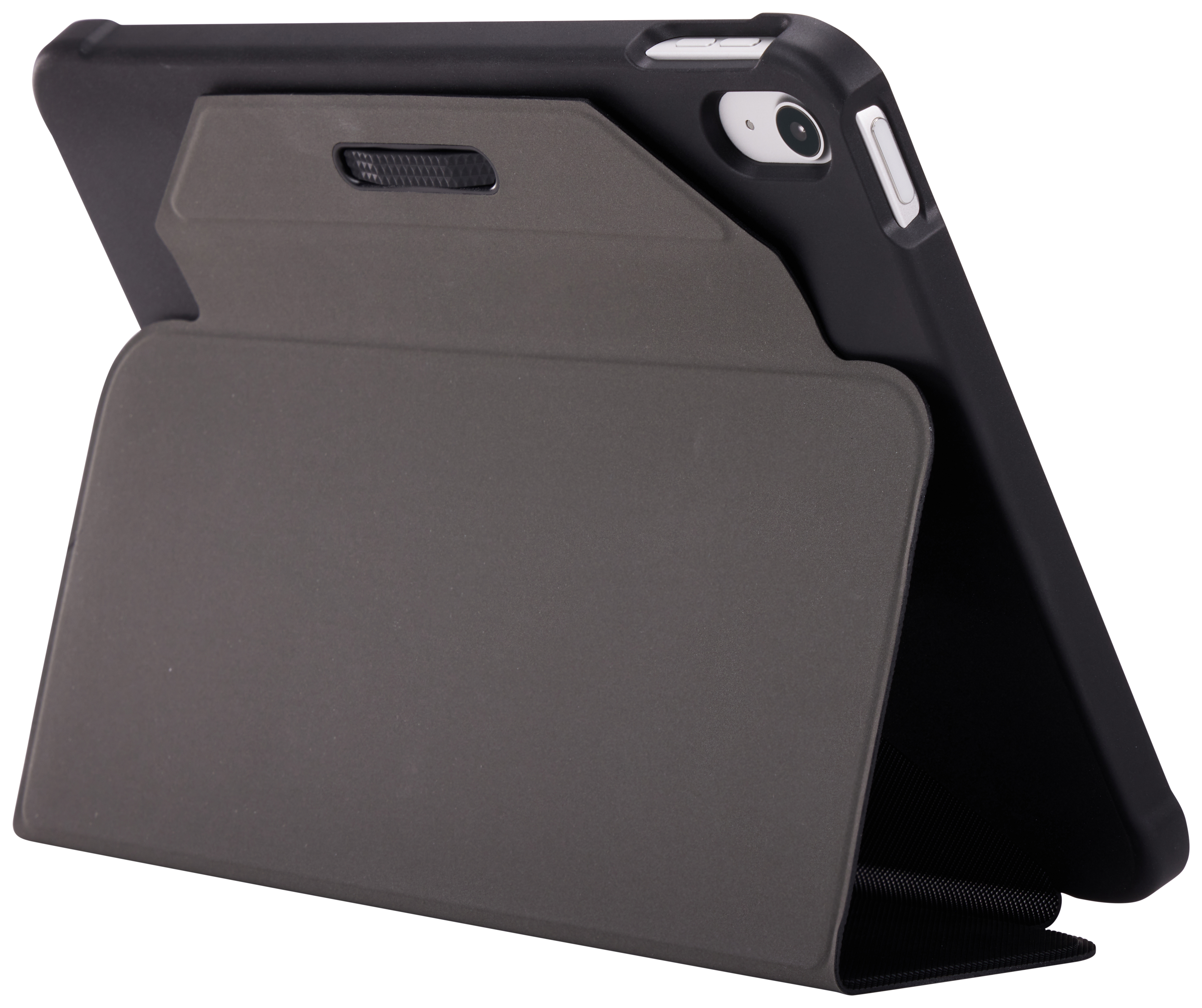 Gri ön kapaklı, iPad'i desteklemek için katlanmış siyah iPad kılıfı.