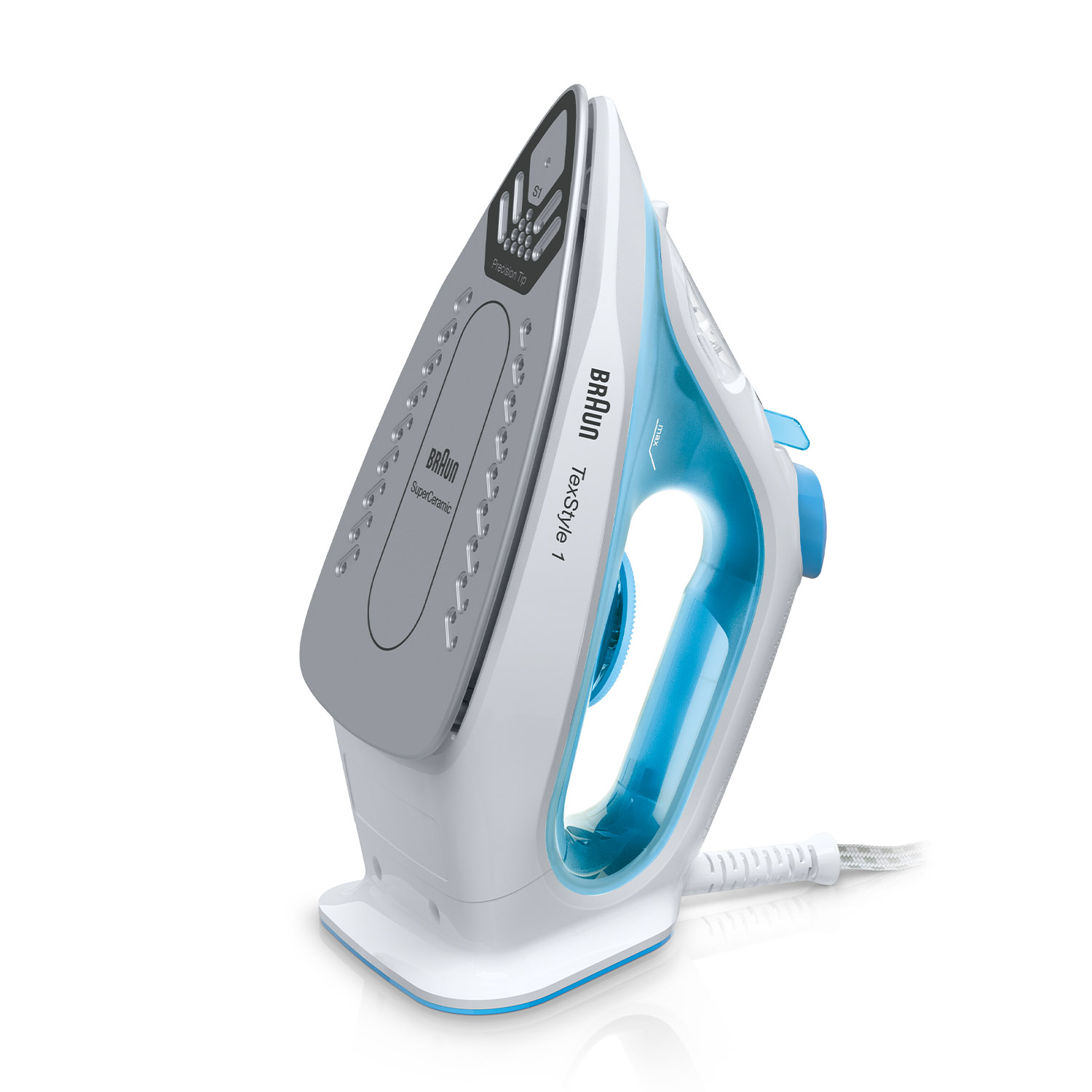 Ferro da stiro Braun TexStyle 1, vista angolata, che mostra caratteristiche ed elementi di design.