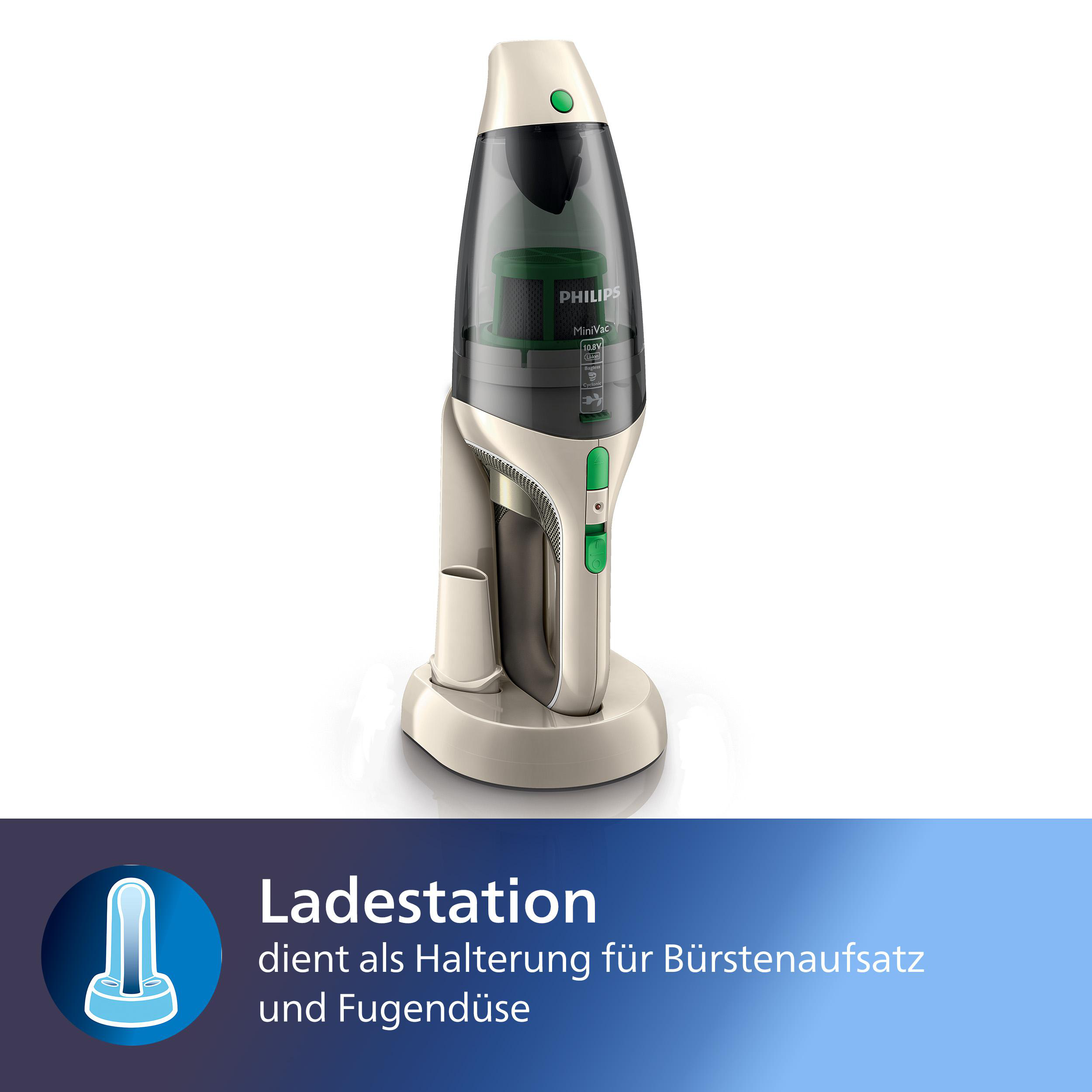 Beiger Philips MiniVac Staubsauger auf beiger Ladestation. Grüner Einschaltknopf und Details.