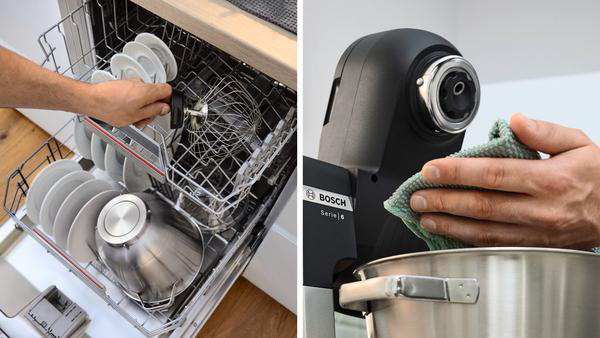 Geschirrspüler und Mixer: Hand belädt Geschirr, Hand wischt Mixer ab.
