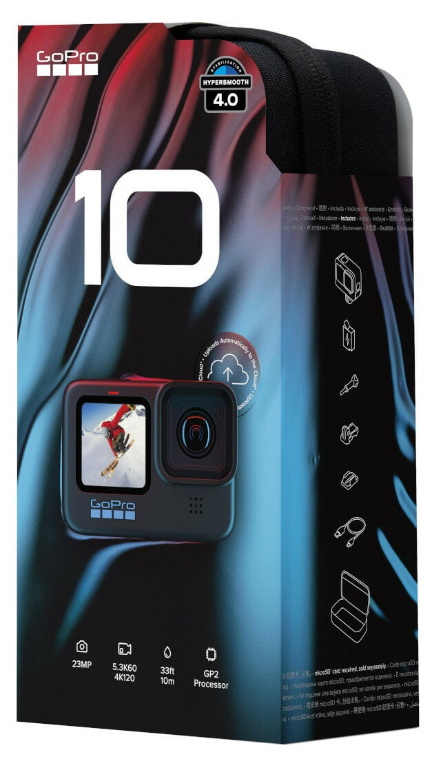 Pudełko GoPro 10: Kamera, specyfikacje, funkcje, z czarno-białym tłem.