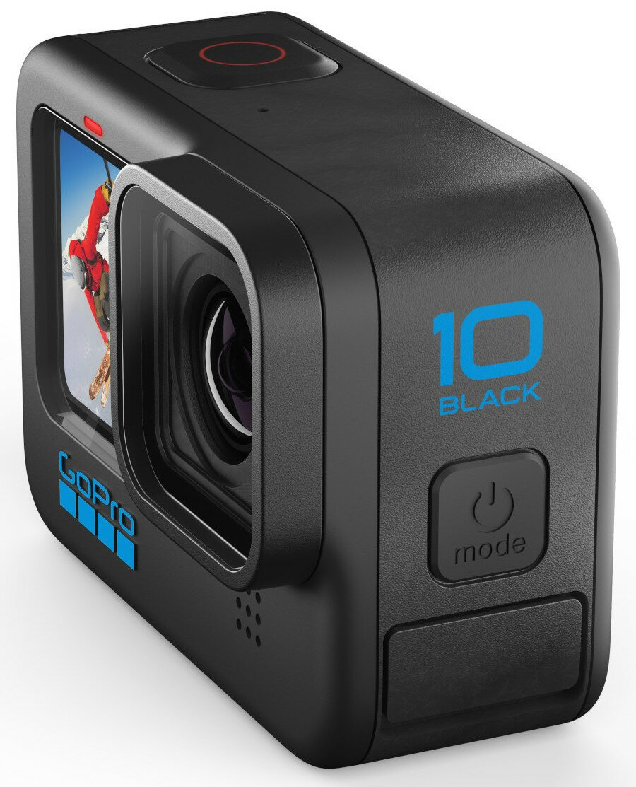 Czarny aparat GoPro 10 Black, niebieskie logo 10, ekran pokazuje narciarza, przycisk trybu.