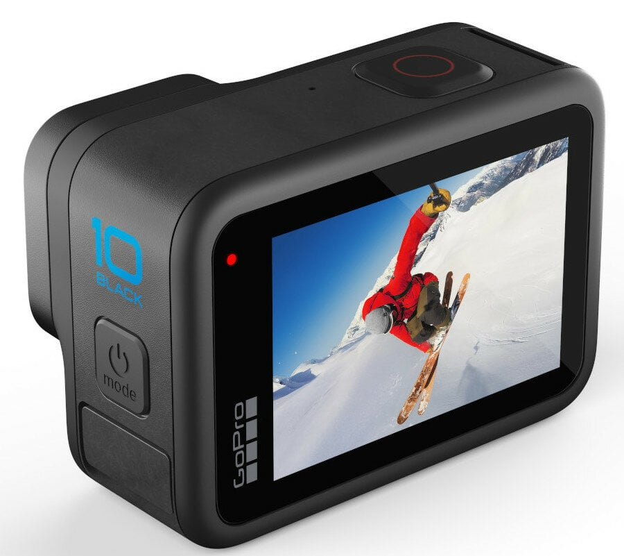 Czarna kamera GoPro z ekranem pokazującym narciarza.