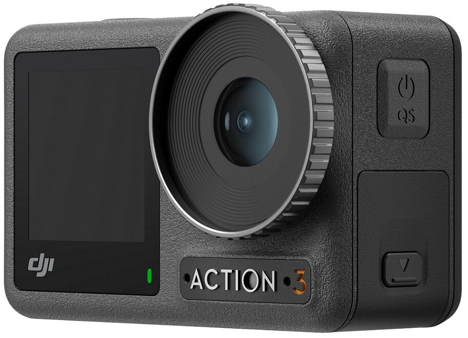Czarna kamera sportowa z obiektywem, ekranem i przyciskami, oznaczona 'ACTION 3'.