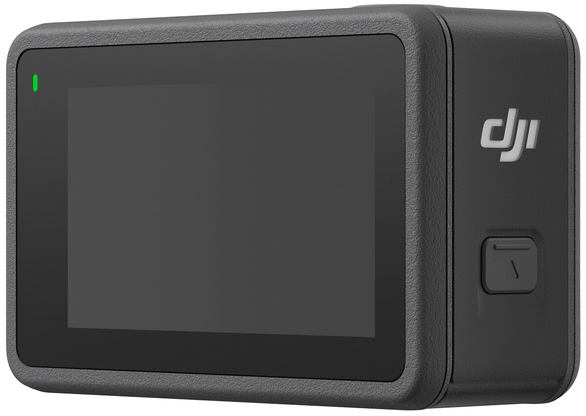 Czarna kamera sportowa z czarnym ekranem i zielonym światłem. Szara ramka.