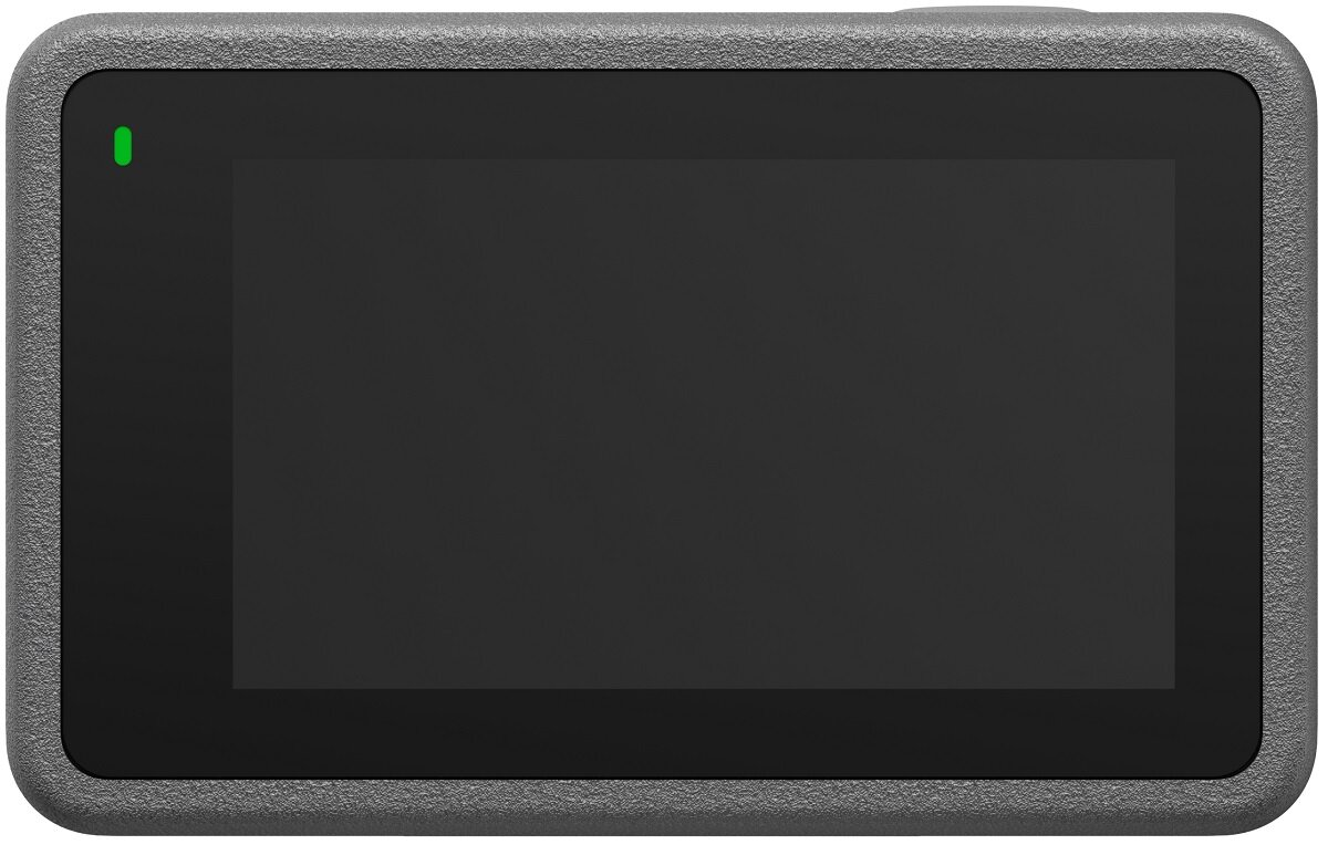 Szara kamera sportowa z czarnym ekranem i zielonym światłem. Szara ramka.