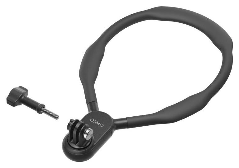 Czarny uchwyt na szyję do kamery. Śruba oddzielona od uchwytu. Białe tło.