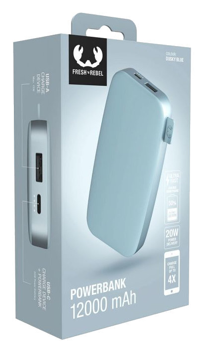 Jasnoniebieski power bank w pudełku z napisem POWERBANK i 12000 mAh na pudełku.