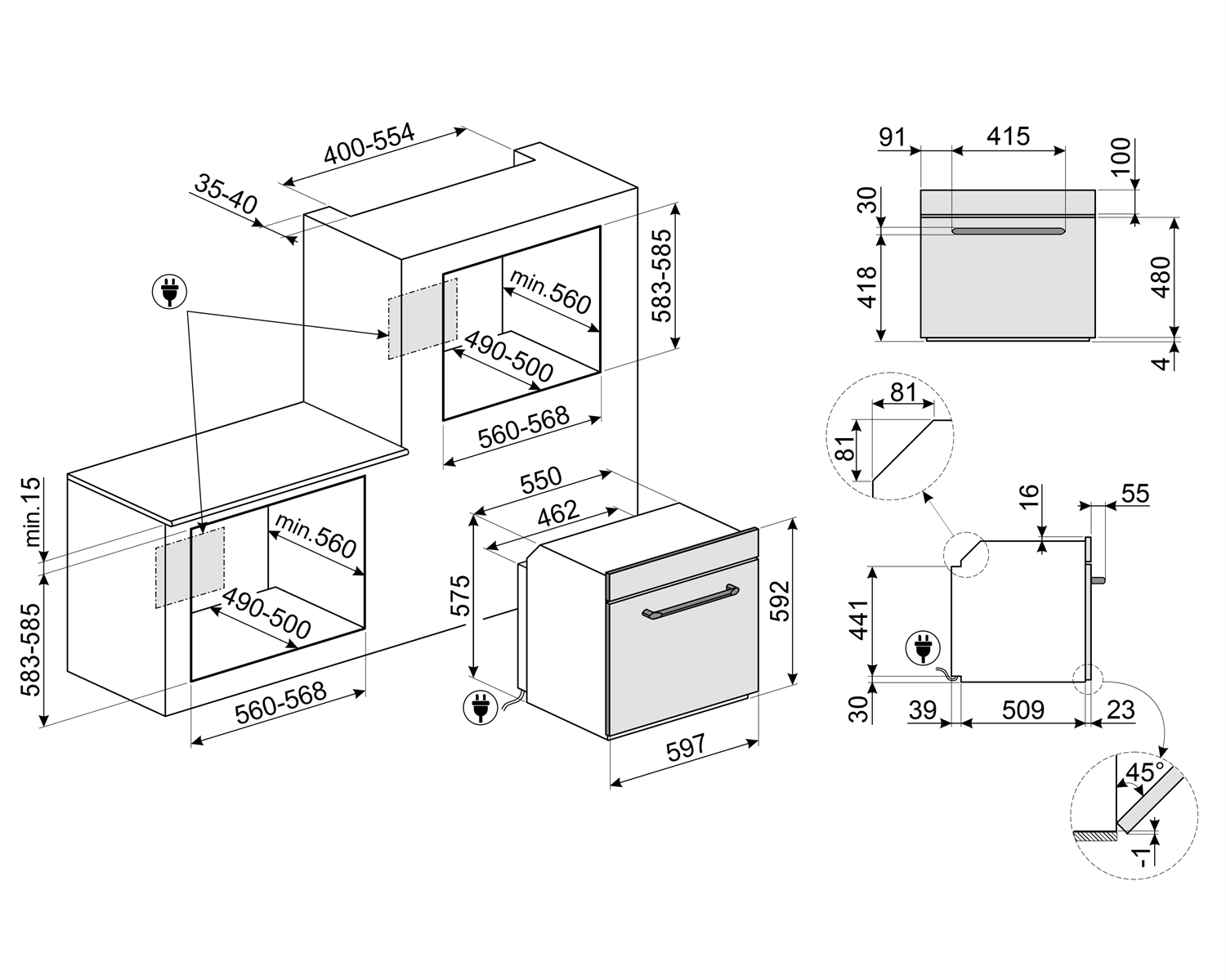 Diagramm eines Einbauofens und Kochfelds mit Abmessungen und technischen Details. Weißer Hintergrund.