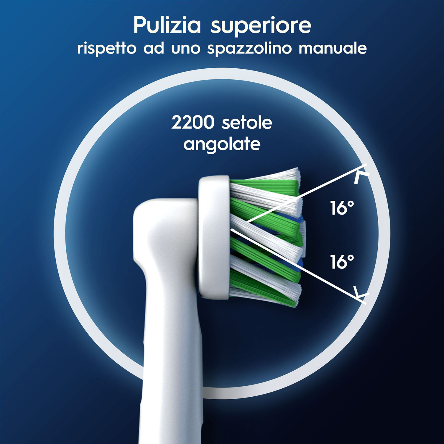 Primo piano di una testina di spazzolino elettrico bianca. Setole angolate e testo in italiano.