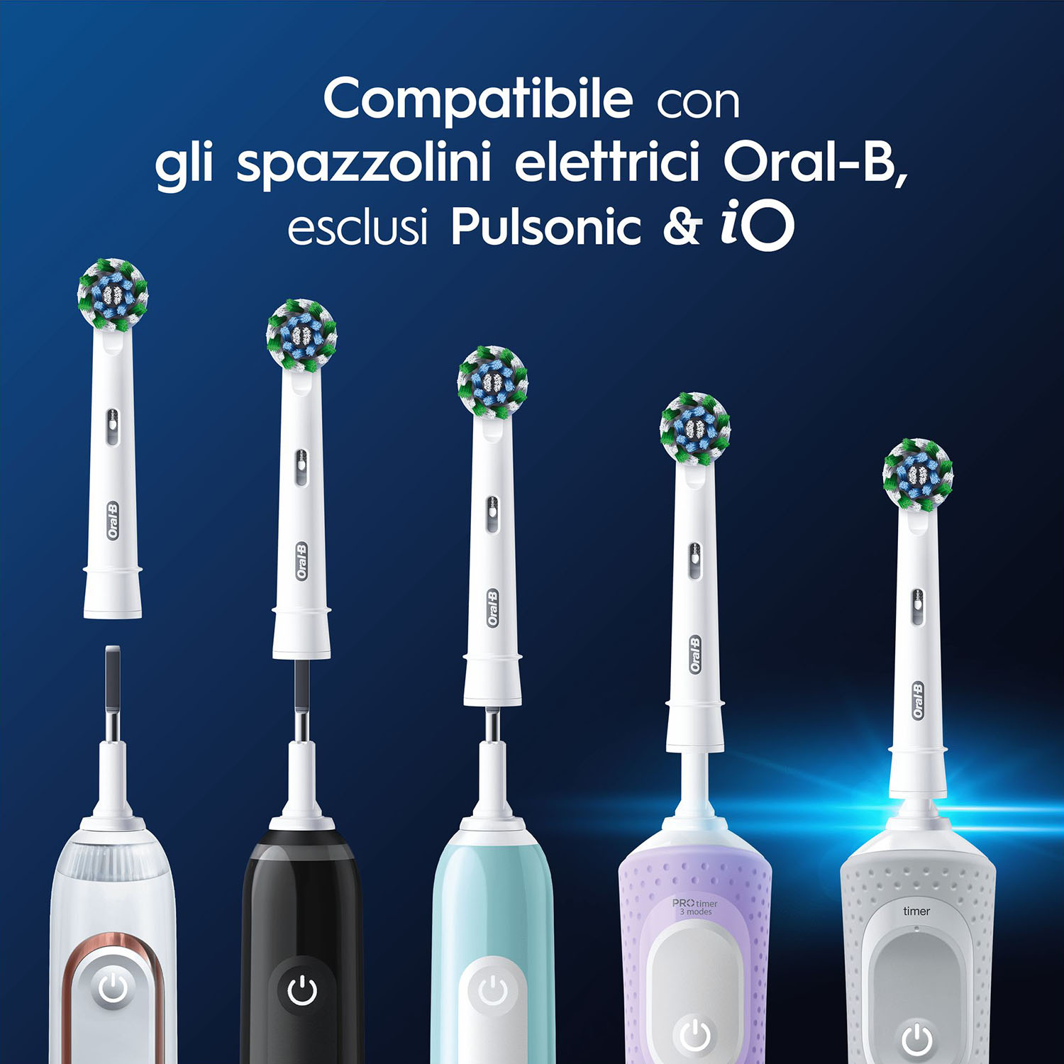 Testine e manici di spazzolino elettrico Oral-B mostrati su sfondo blu.