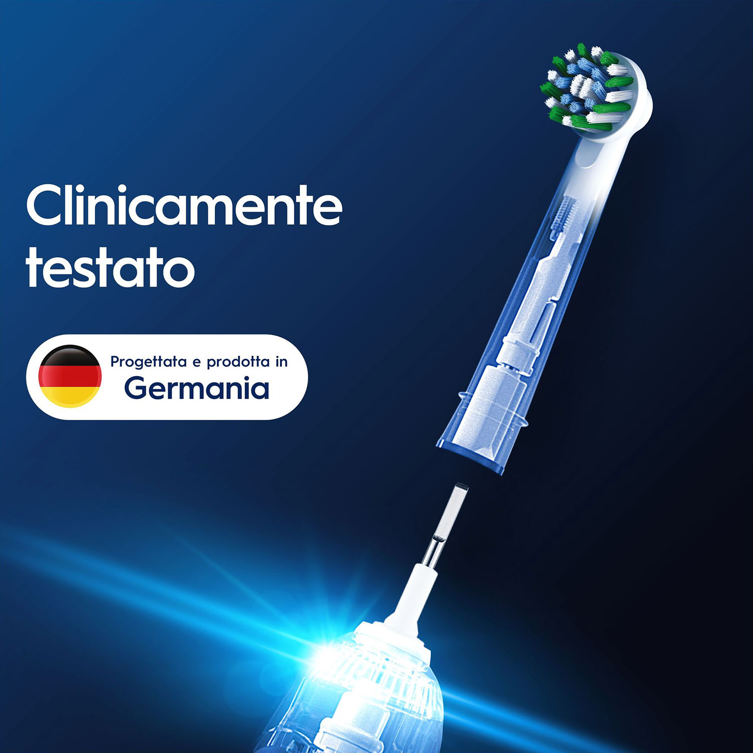 Testina spazzolino elettrico, bianca e blu. Vista esplosa mostra le parti interne.
