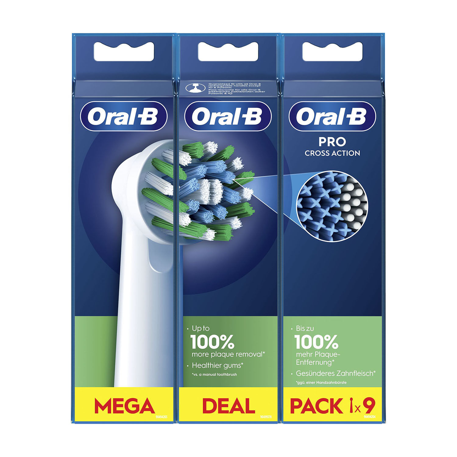 Tre confezioni di testine per spazzolino Oral-B. Ogni confezione presenta una testina e testo sulla rimozione della placca.