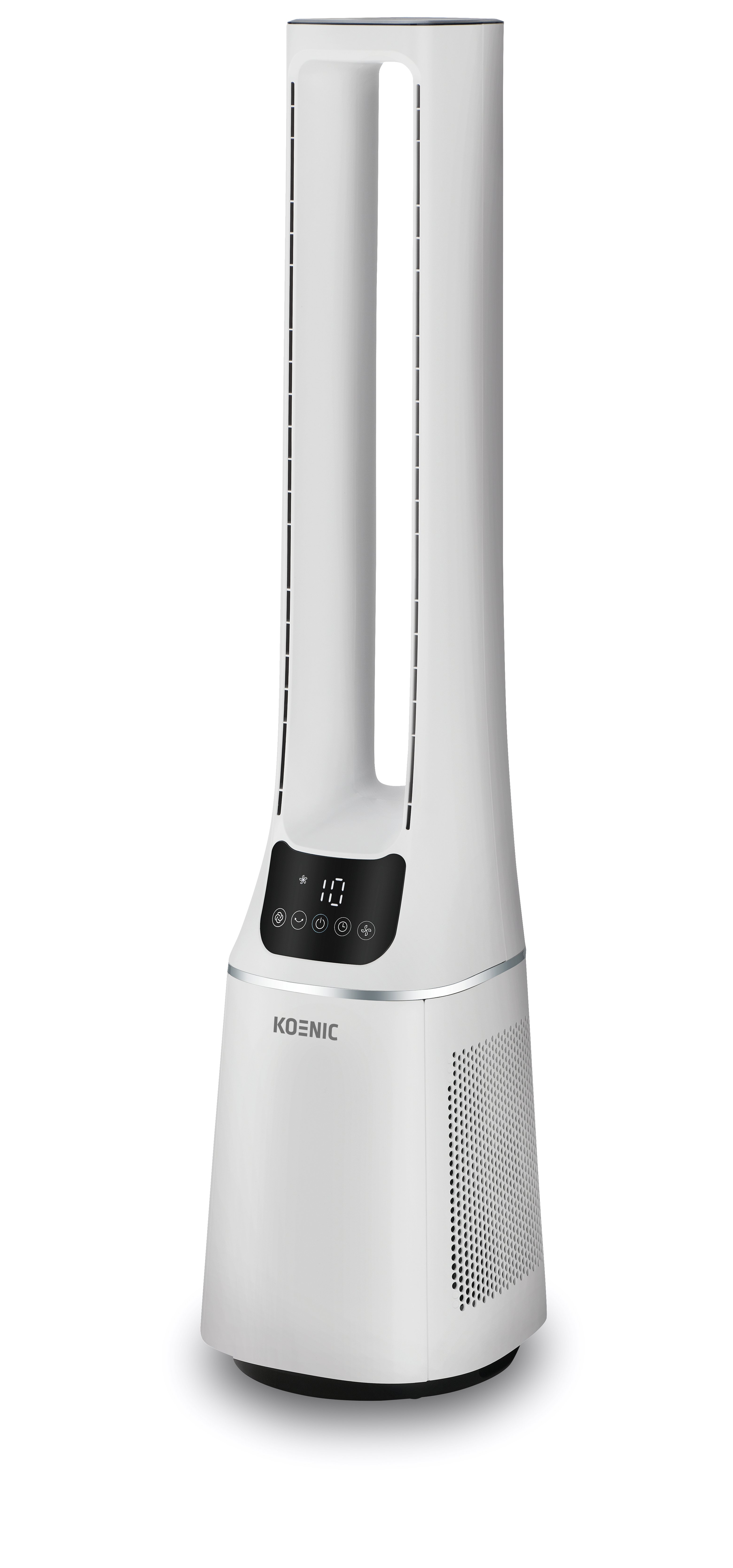 Weißer Koenic Turmventilator mit Digitalanzeige, ein hohes, schlankes Design auf weißem Grund.