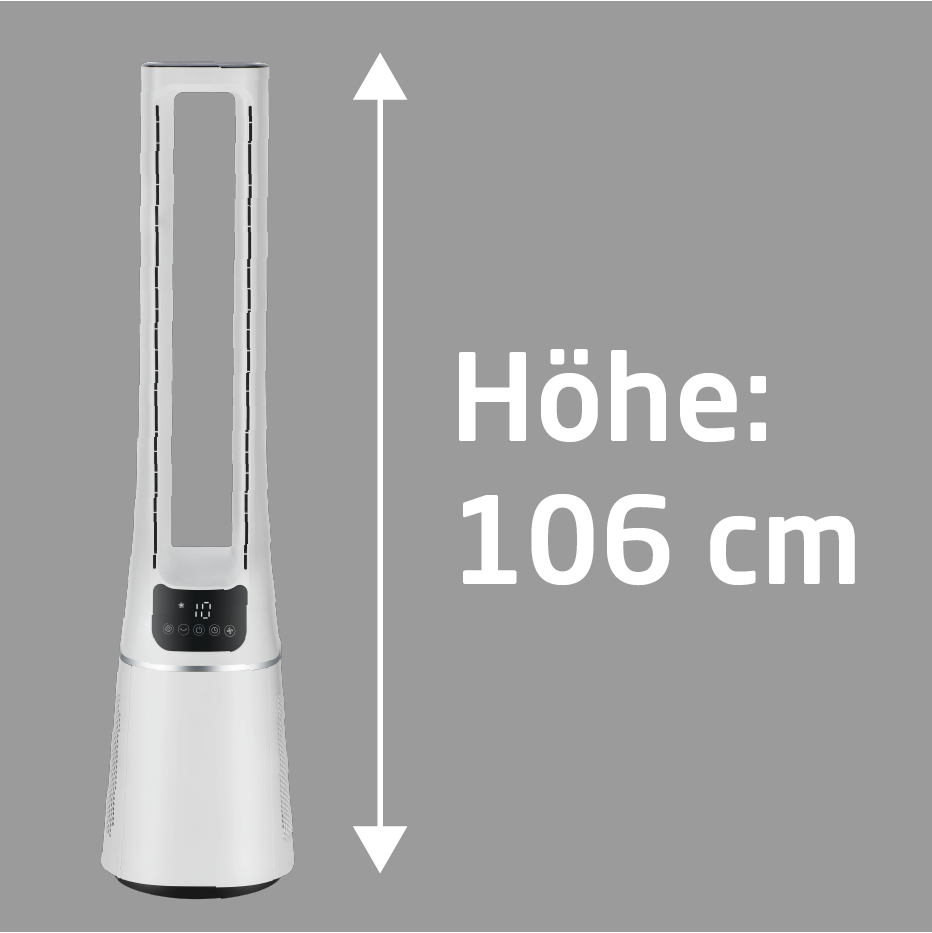 Ein weißer Turmventilator mit Digitalanzeige und einer Höhe von 106 cm.