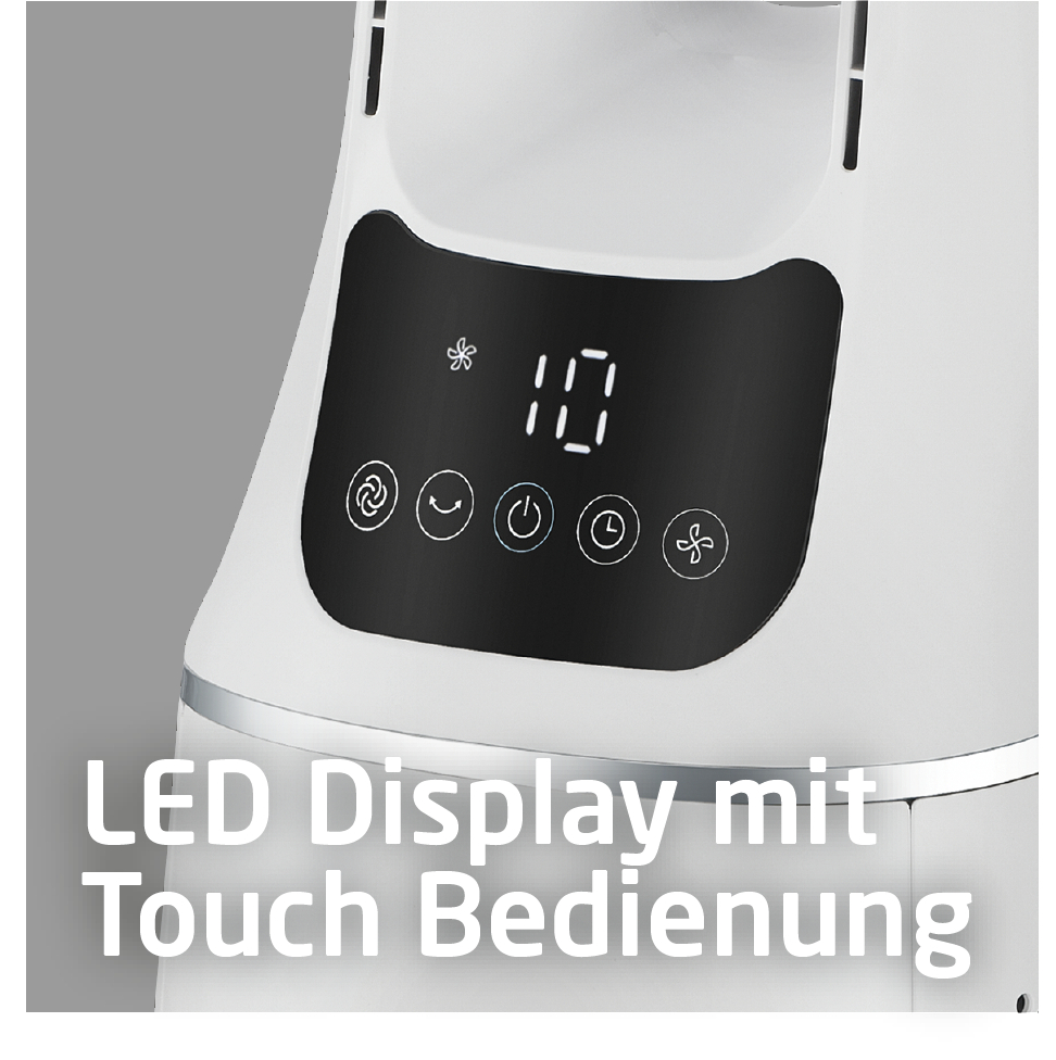 Nahaufnahme eines weißen Lüfterfußes mit beleuchtetem Display mit Zahlen und Symbolen.