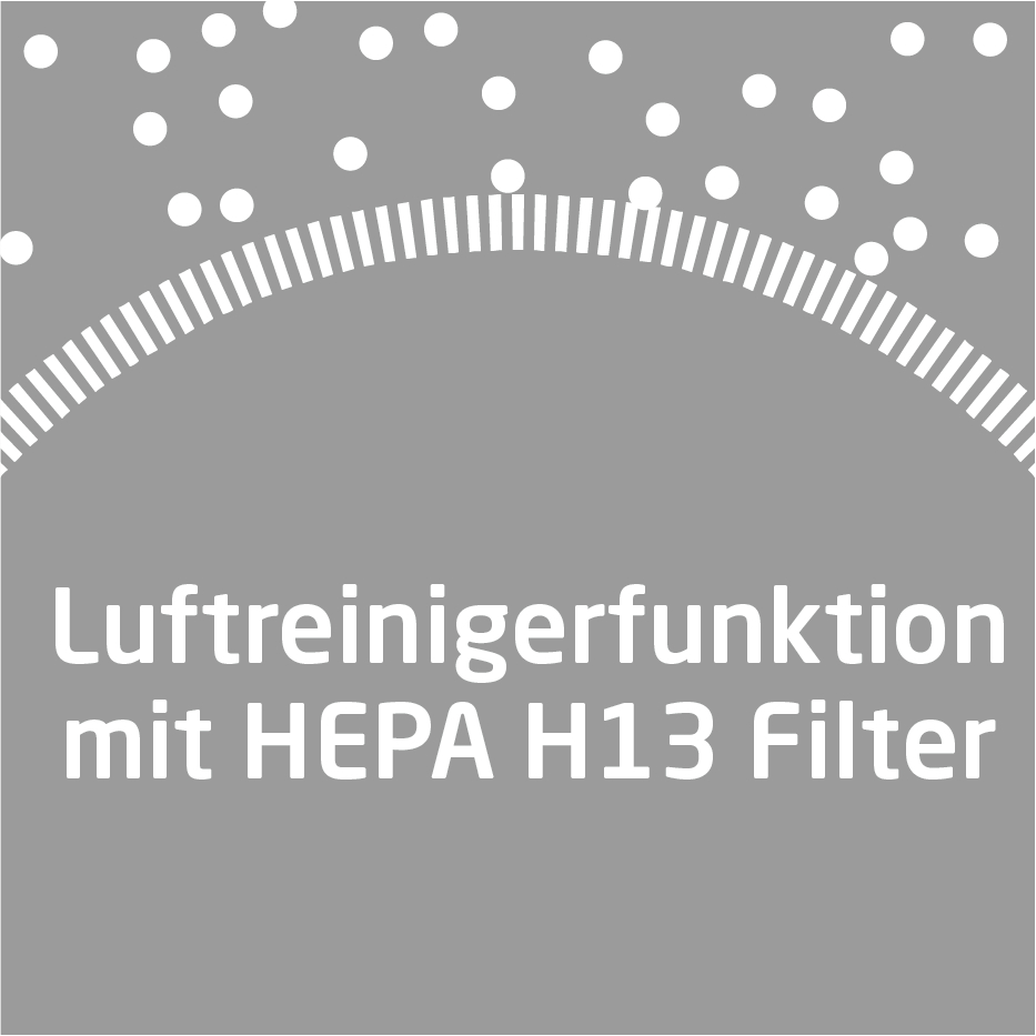 Grauer Hintergrund mit weißem Text: "Luftreinigerfunktion mit HEPA H13 Filter".