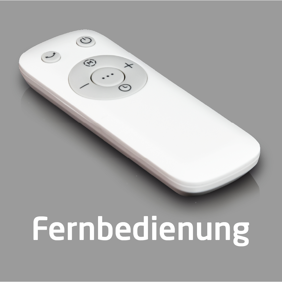 Weiße Fernbedienung mit Knöpfen. Text unten: 'Fernbedienung'.