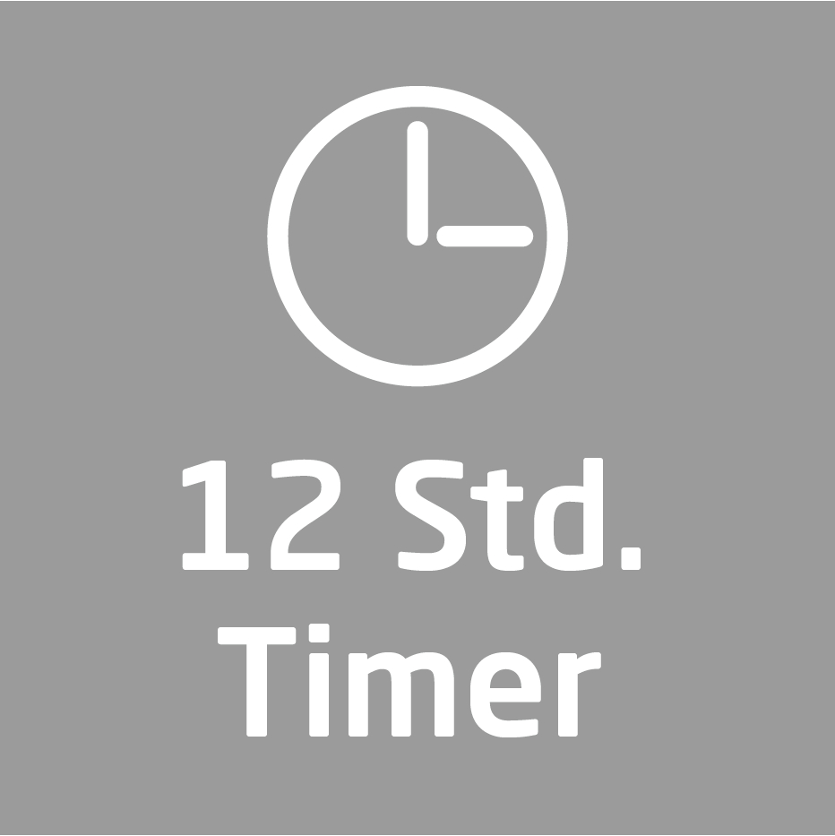 Weißes Uhrensymbol mit Zeigern auf 1:00 Uhr, Text darunter: '12 Std. Timer' auf grauem Hintergrund.