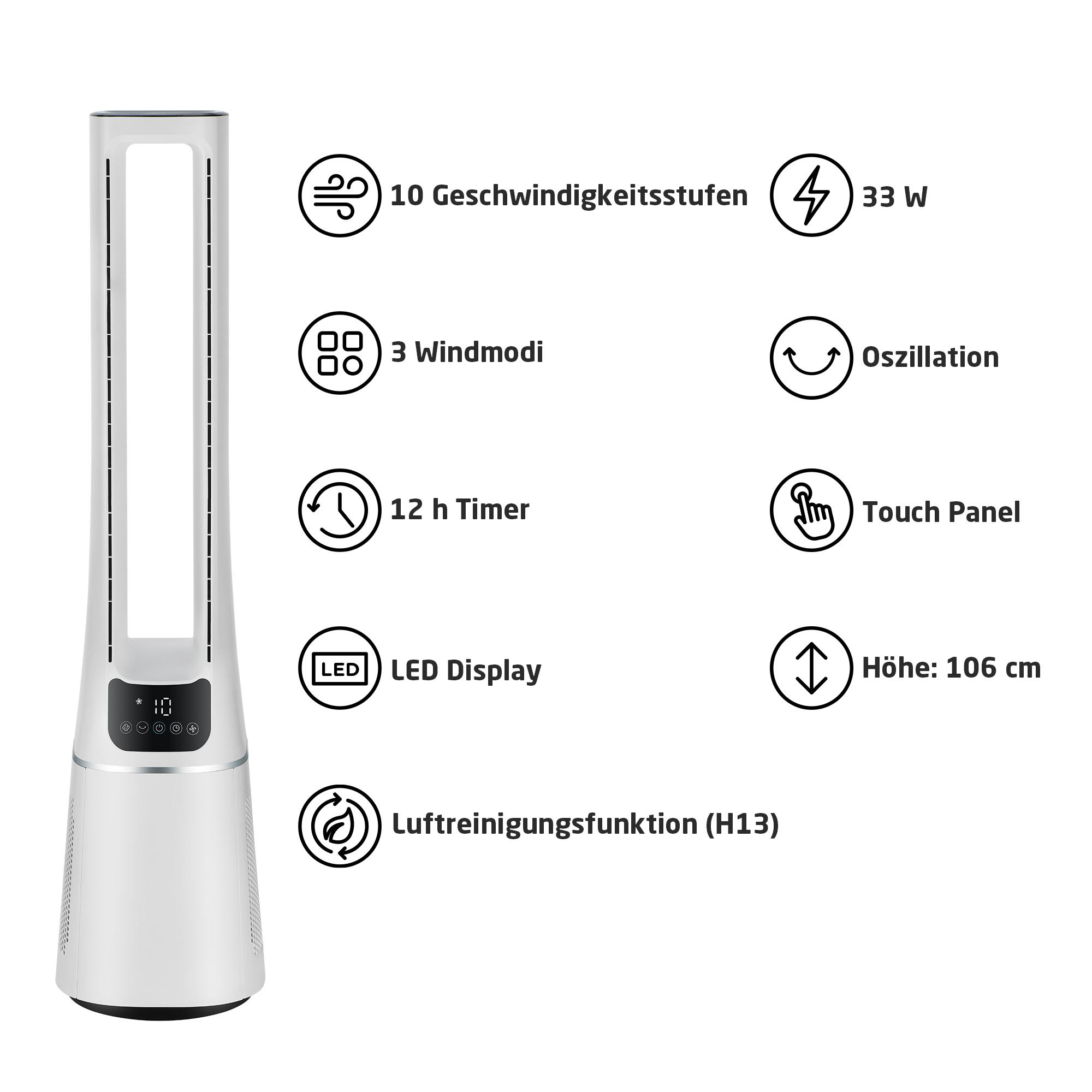 Weißer und silberner Turmventilator mit digitaler Anzeige. Er hat ein schlankes Design und Tasten.