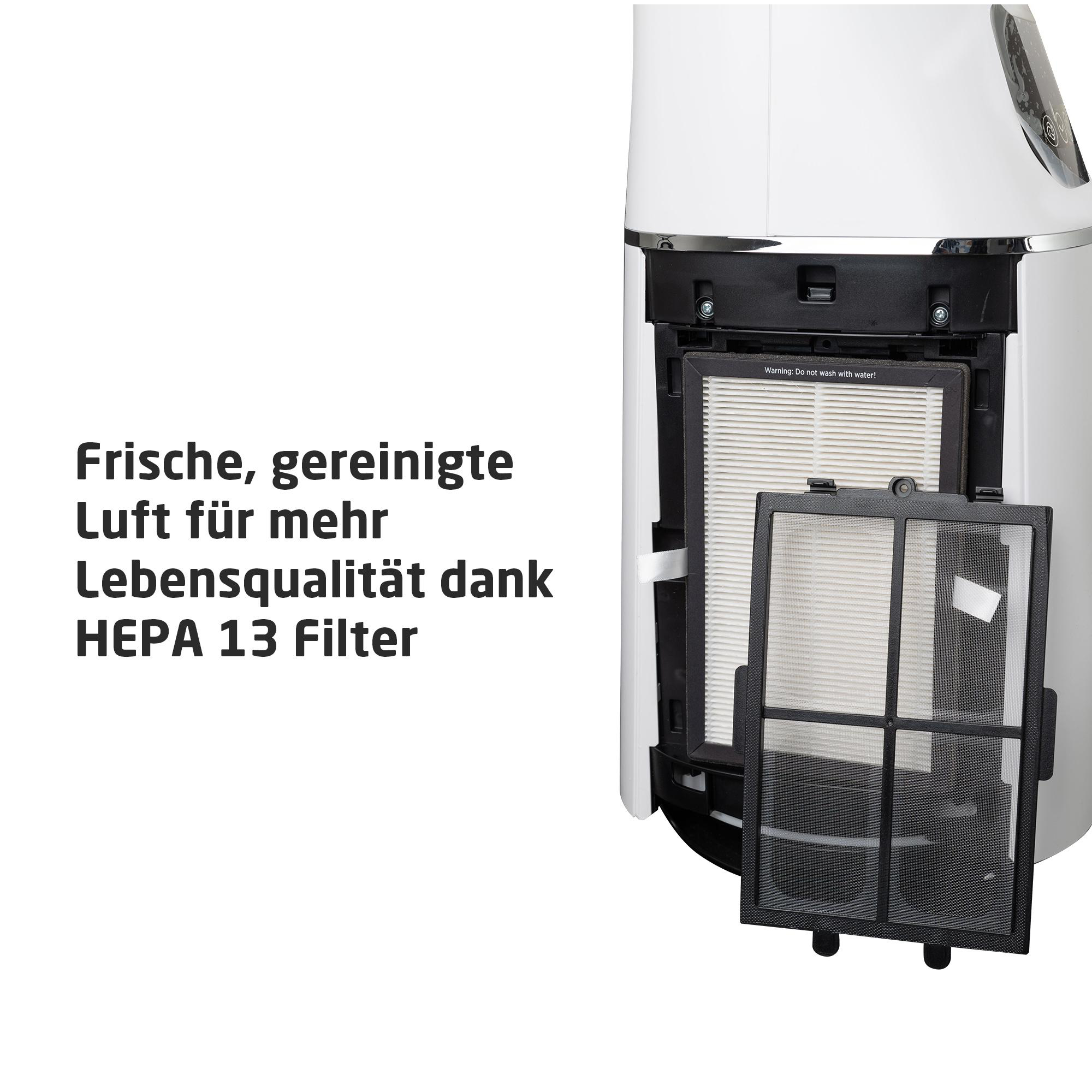 Luftreiniger, offene Tür, Filter sichtbar, klare Luft.