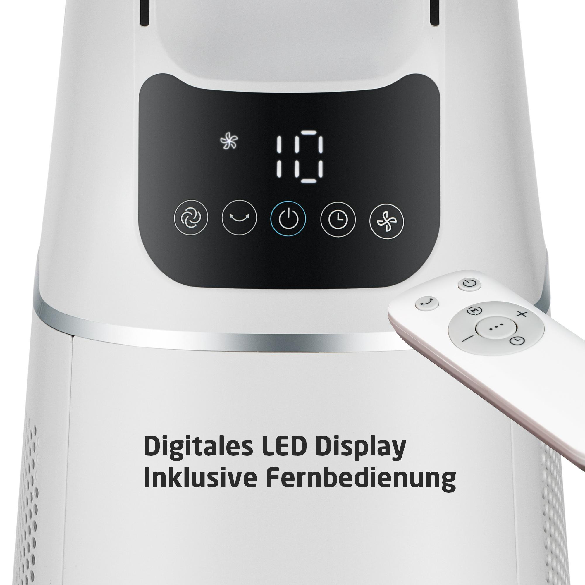 Weißer Ventilator mit Digitalanzeige mit Zahlen und Fernbedienung.