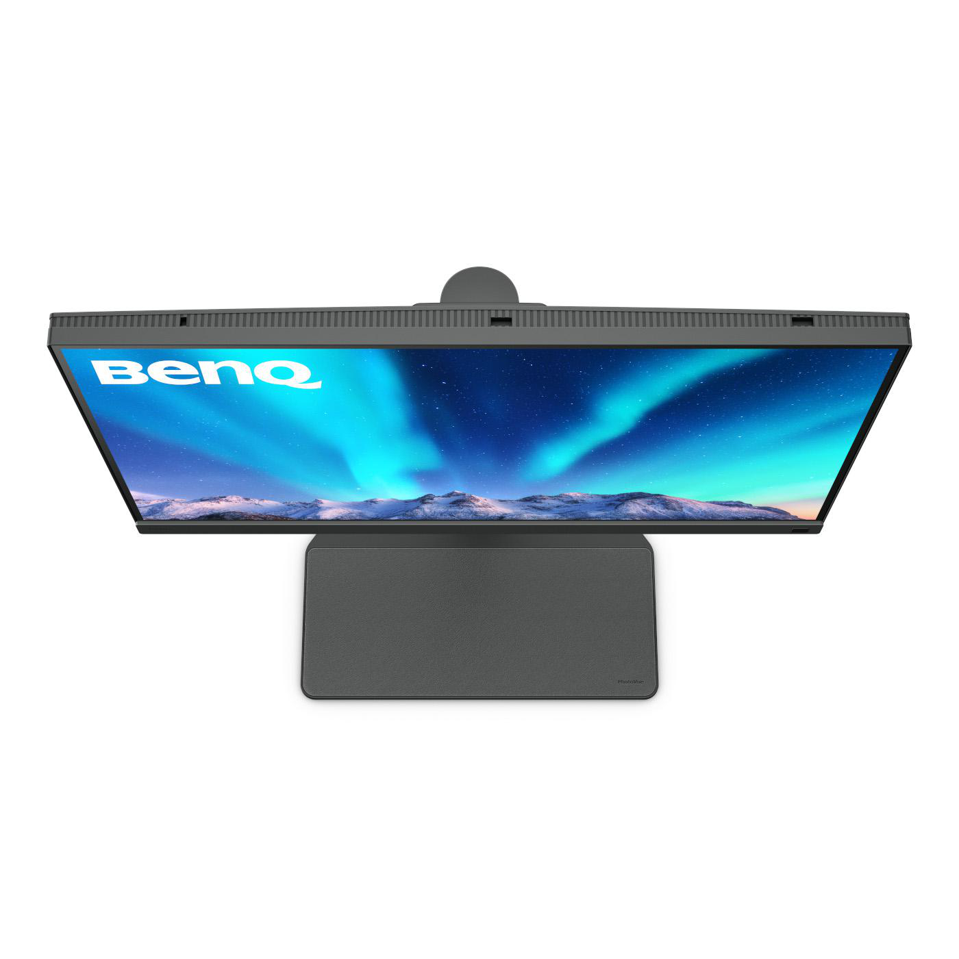 BenQ-Monitor von oben. Der Bildschirm zeigt ein Landschaftsbild. Der Sockel ist dunkel.