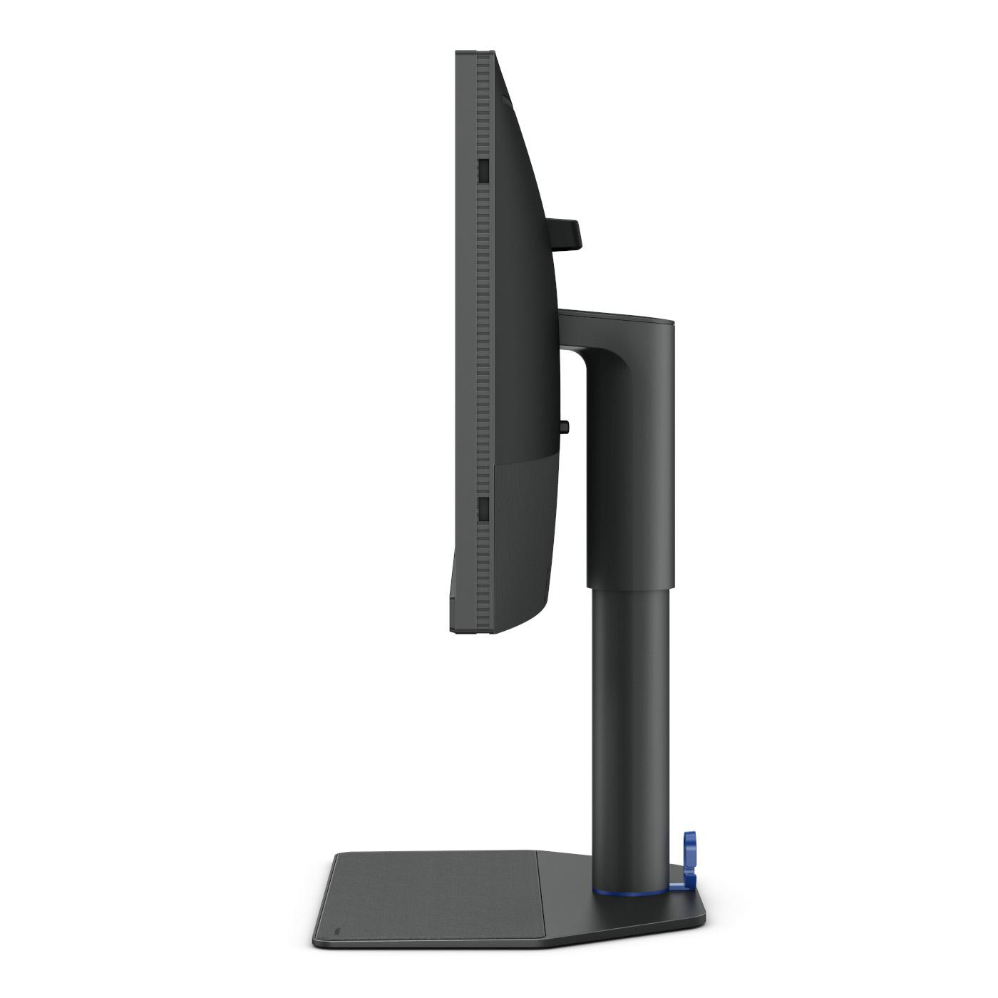 Seitenansicht eines schwarzen Computermonitors mit schwarzem Ständer auf weißem Hintergrund.