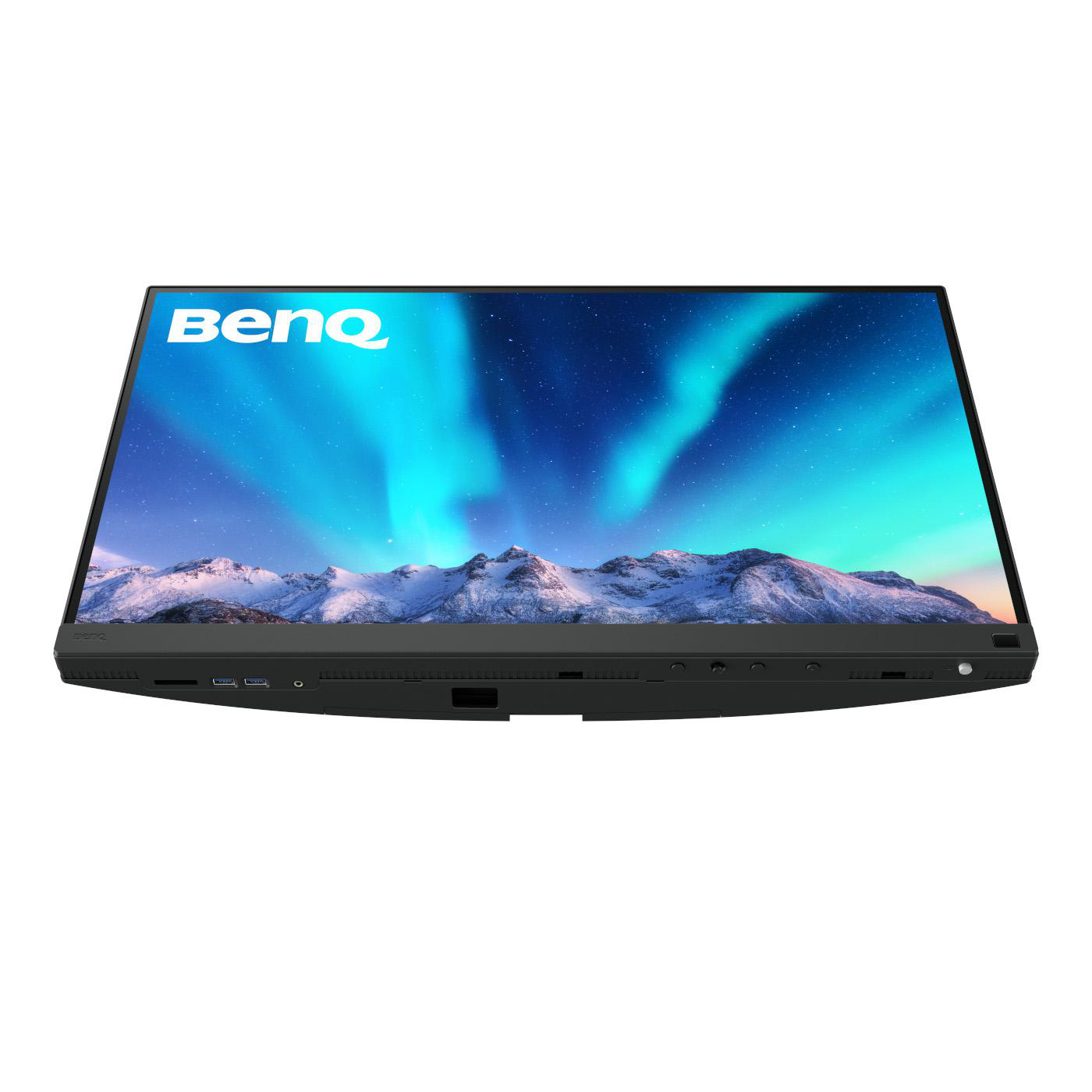 Ein schwarzer BenQ-Monitor auf weißem Hintergrund, der eine Berglandschaft mit blauem Himmel zeigt.