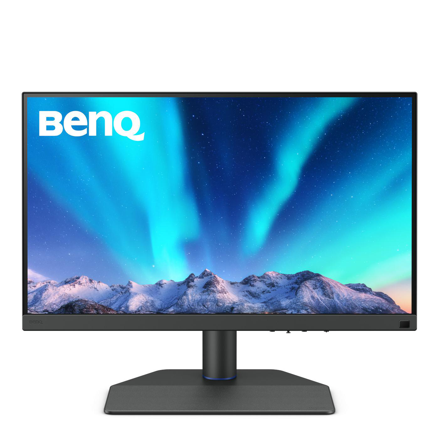 Ein BenQ-Monitor zeigt eine Berglandschaft. Er hat einen schwarzen Sockel und Rahmen, mit dem BenQ-Logo in Weiß.