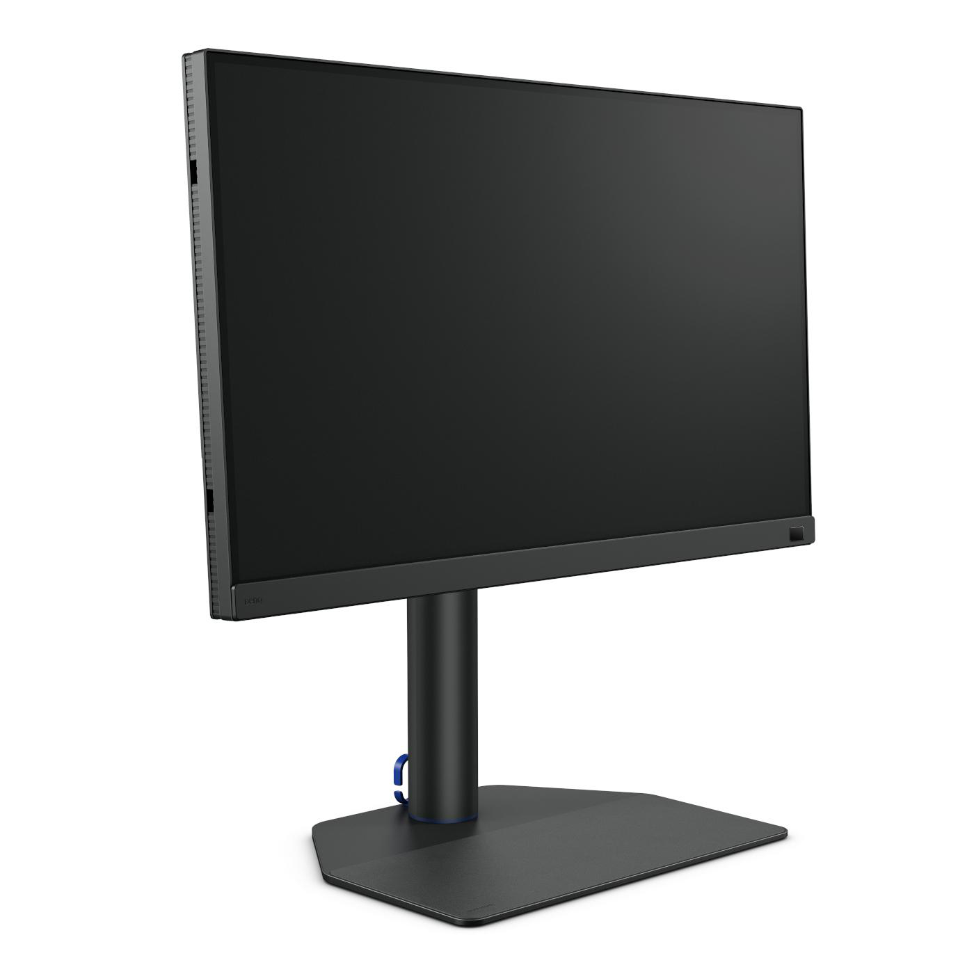Ein schwarzer BenQ-Monitor, mit schwarzem Ständer und blauem Kreis. Der Bildschirm ist schwarz.