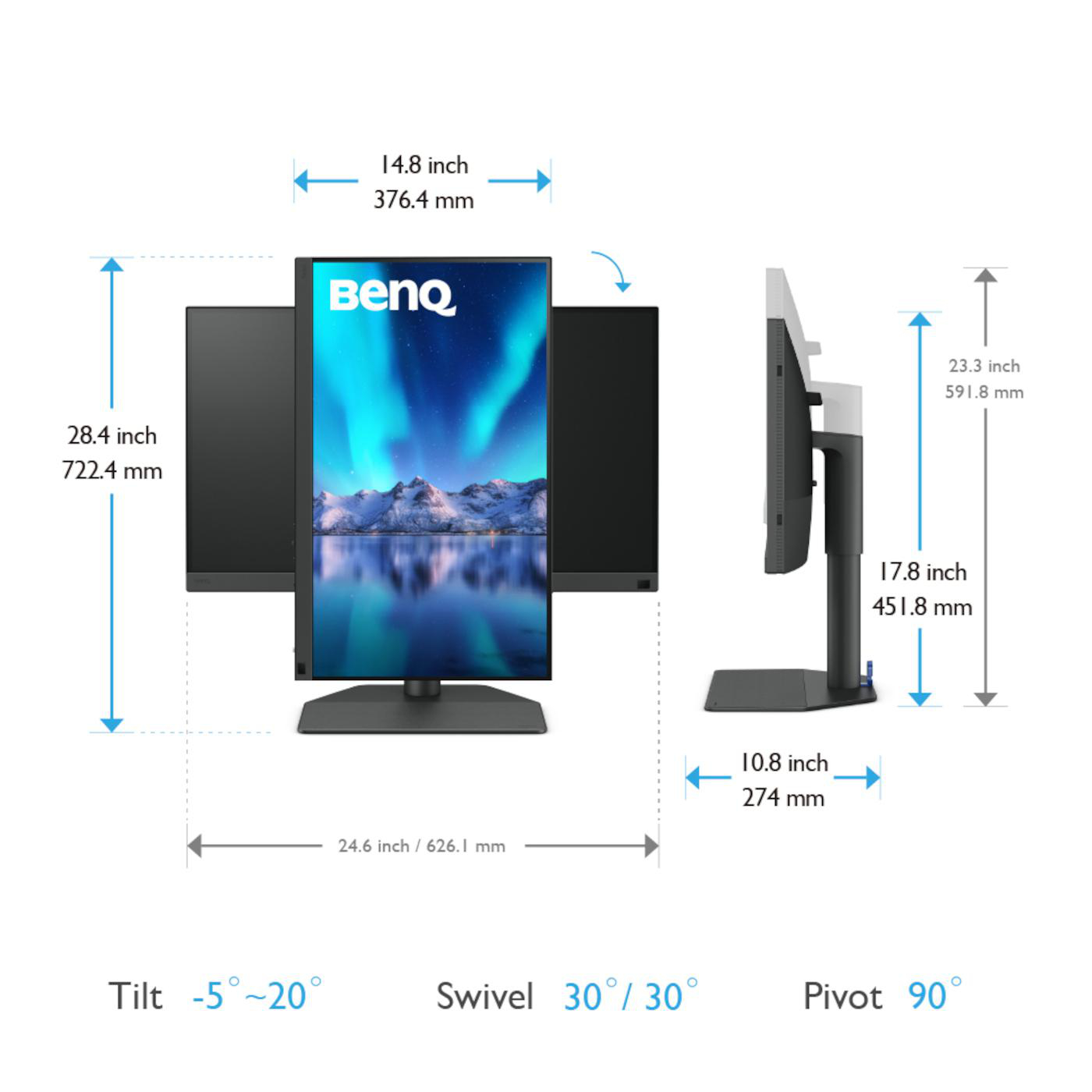 Ein BenQ-Monitor mit Messungen. Es zeigt Neigungs-, Schwenk- und Drehwinkel.