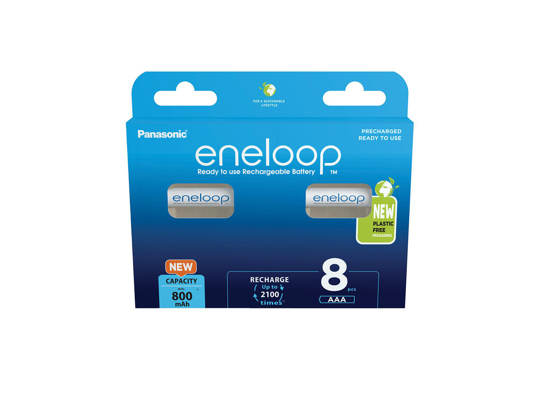 Eine Packung Panasonic eneloop Akkus. Sie ist blau und weiß mit 'eneloop' Schriftzug und Text.
