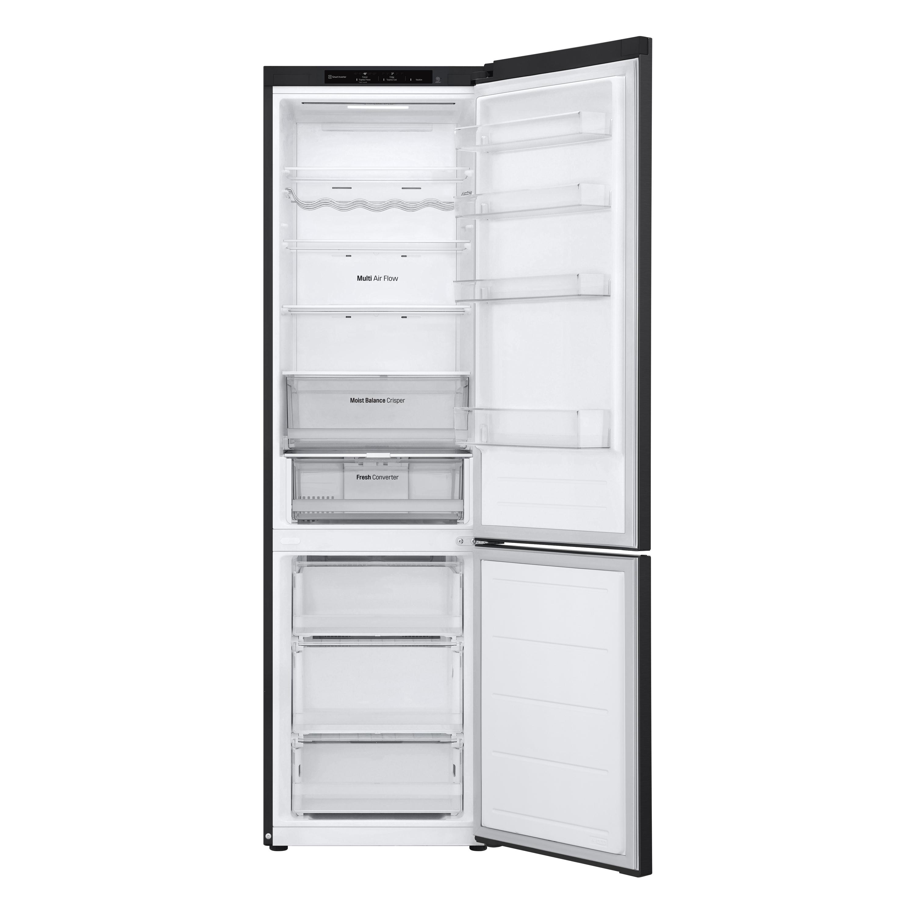 Ein schwarzer Kühlschrank mit geöffneten Türen, die Fächer, Regale und Schubladen mit Lebensmitteln zeigen.
