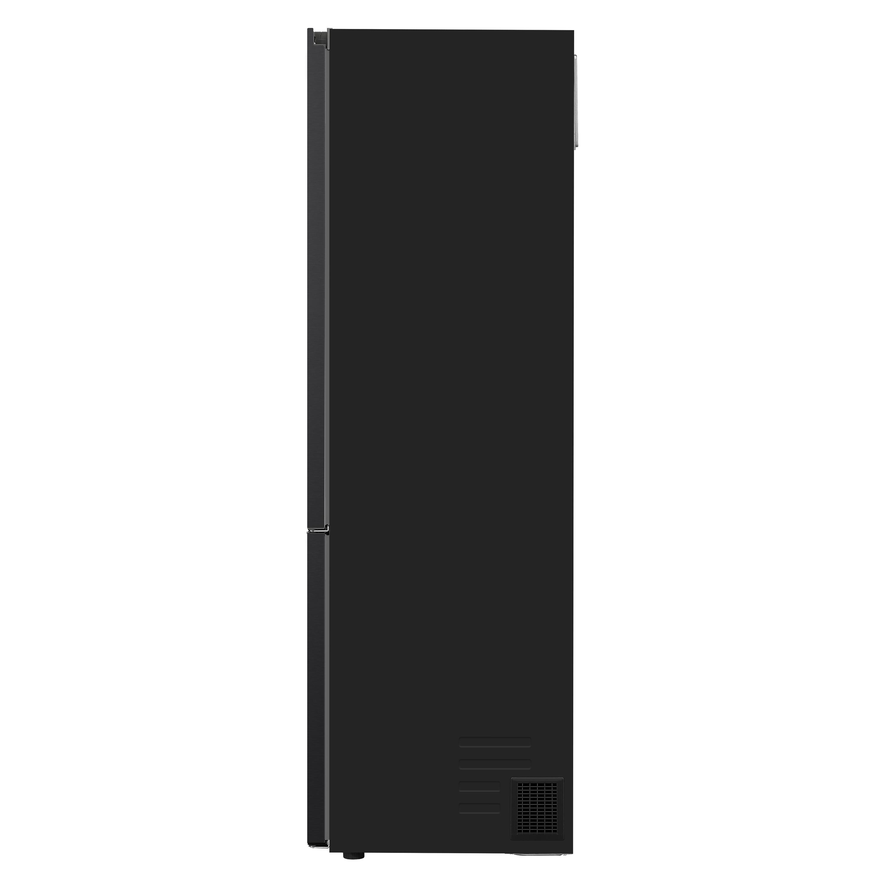Schwarzer Kühlschrank, Seitenansicht. Mit Griff und Lüftung.