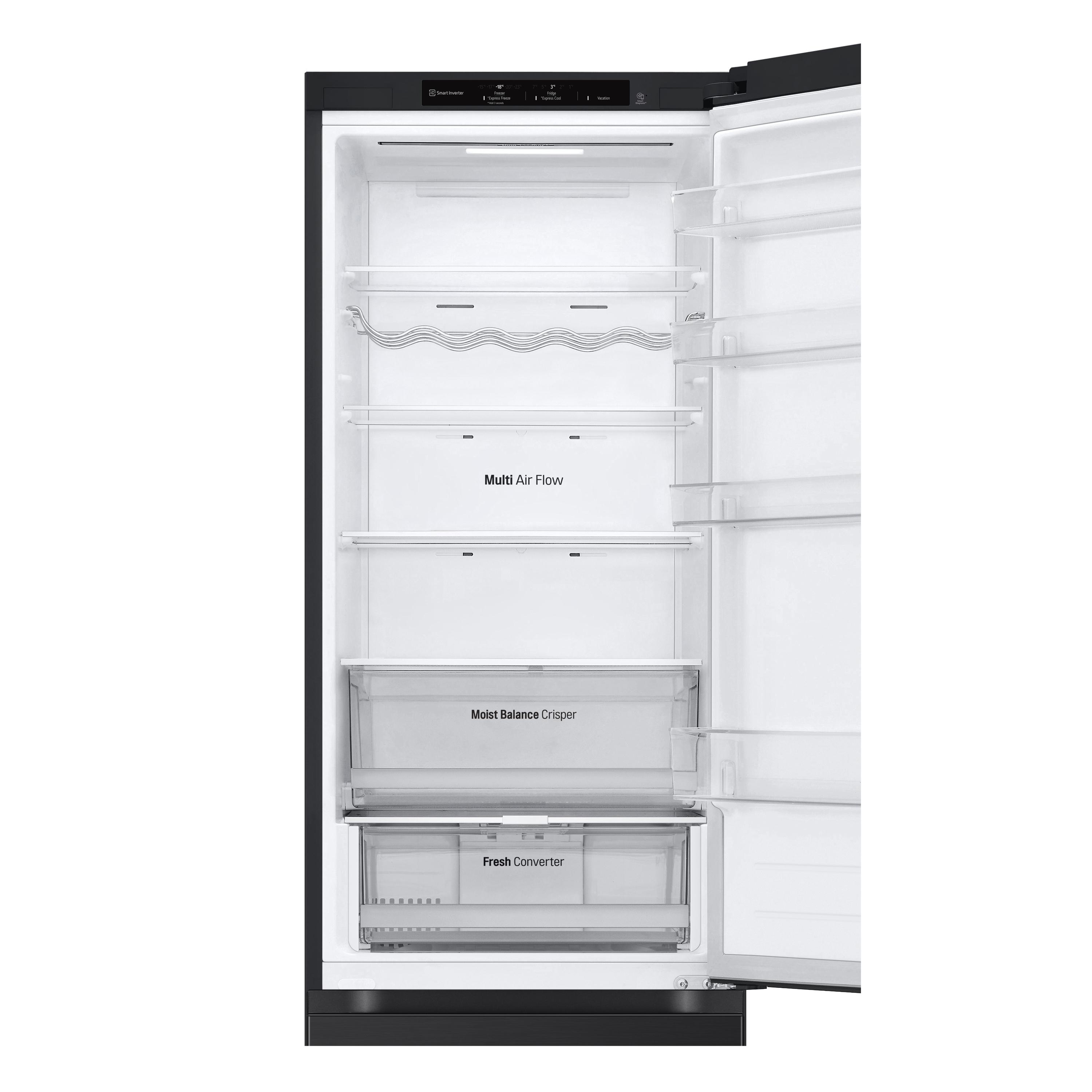Offener Kühlschrank mit Regalen und Schubladen.