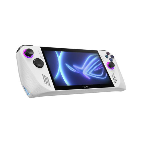 Weiße Handheld-Spielkonsole mit Bildschirm und Knöpfen.