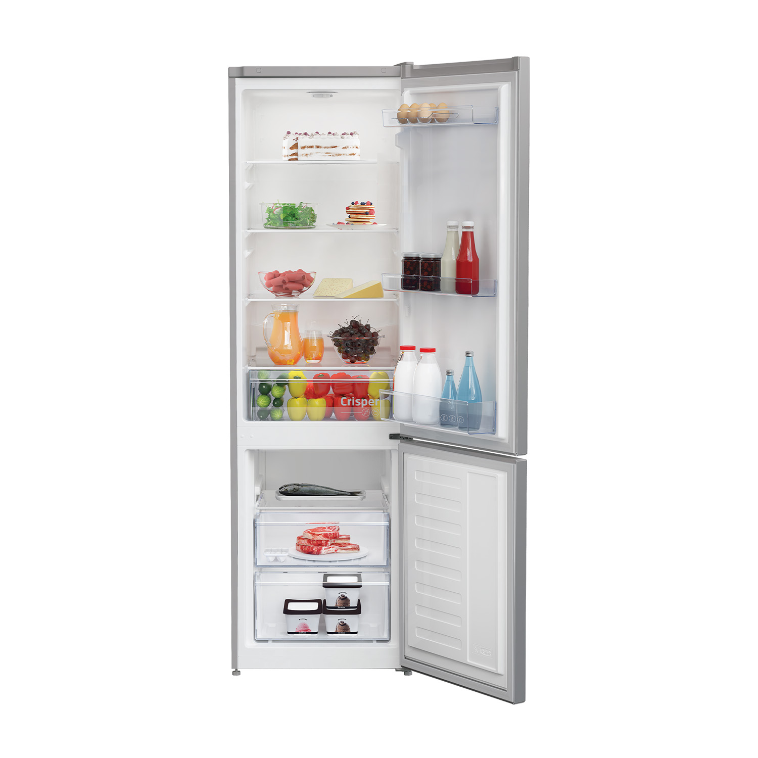 Interno di un frigorifero, pieno di cibo e bevande, porta aperta.