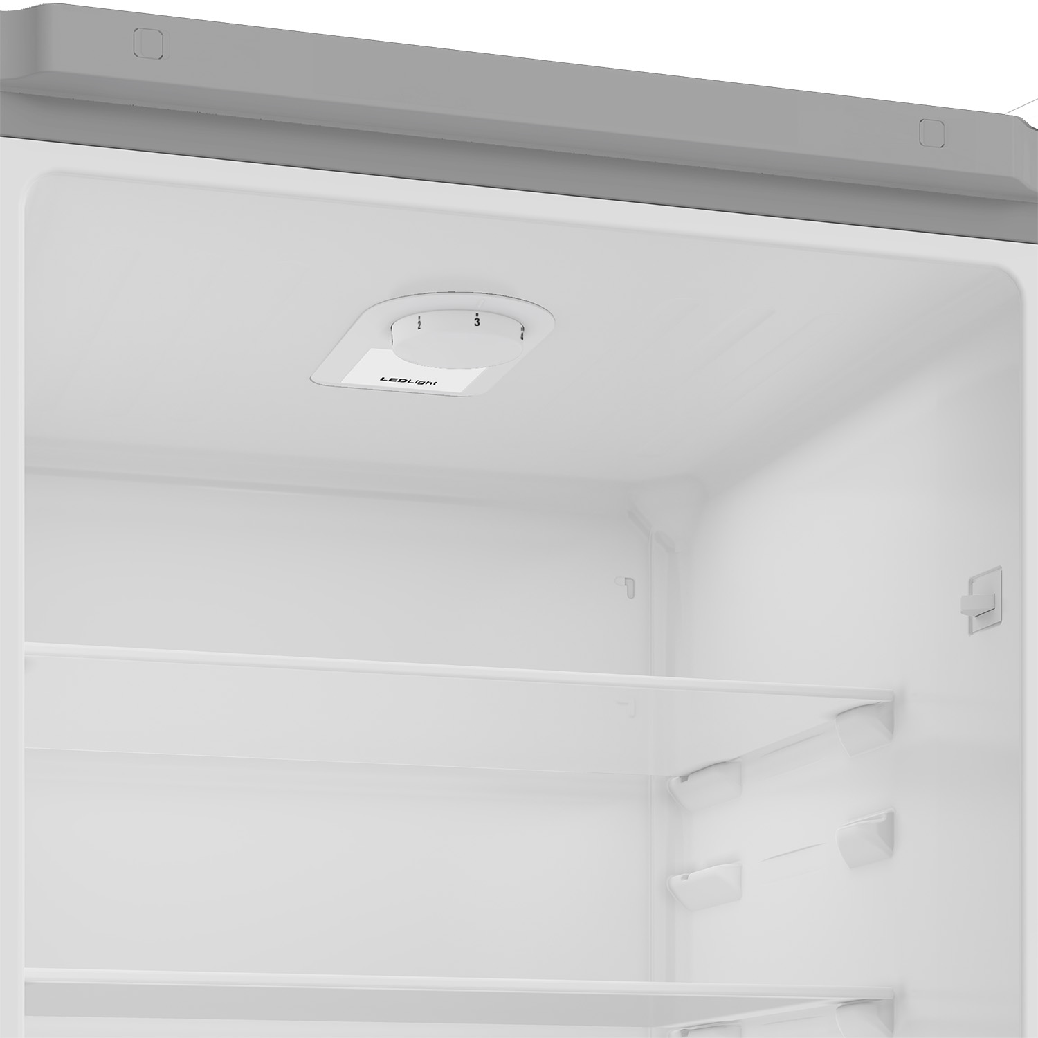 Interno di un frigorifero bianco, con ripiani e un'apparecchio di illuminazione.
