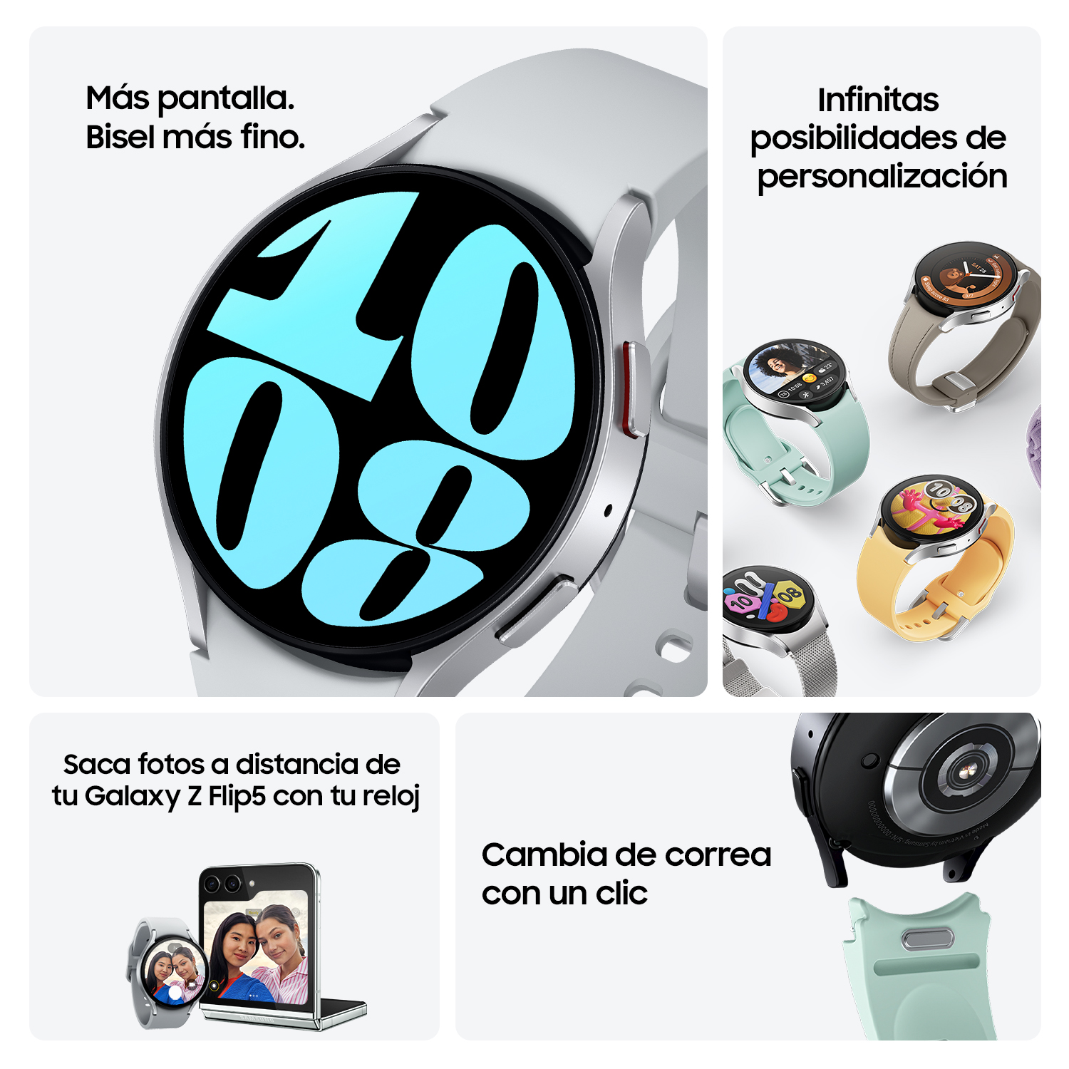 Reloj inteligente, pantalla con hora. Múltiples esferas y un teléfono tomando fotos están en la imagen.