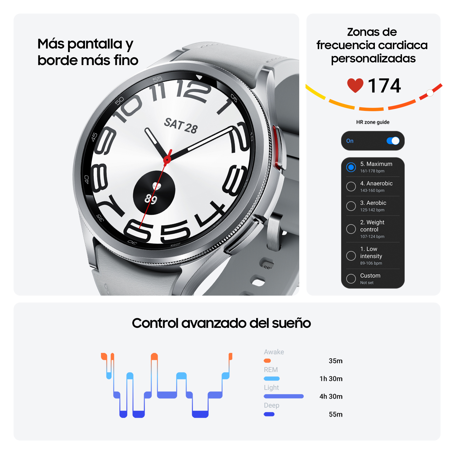 Reloj inteligente plateado con esfera blanca, visualización de frecuencia cardíaca.